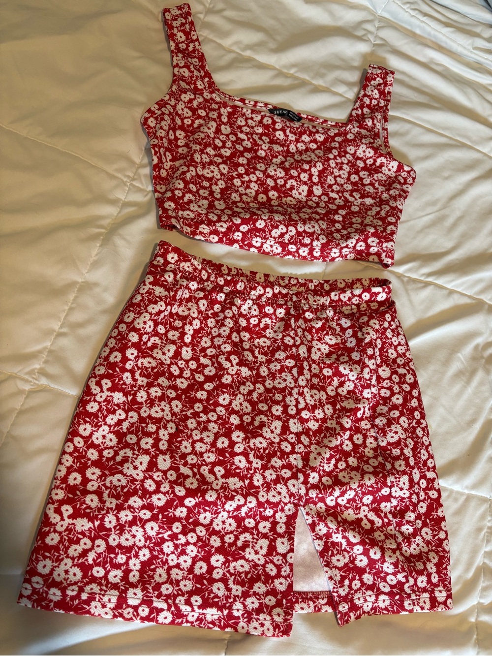 SHEIN Red and White Floral Two-Piece Crop Top & Skirt Set
